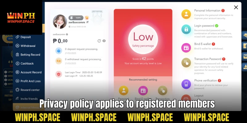 Privacy policy applies to registered members